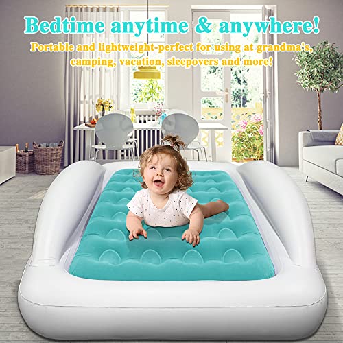 Inflatable Kids Travel Bed Toddler Air Mattress Set - Portable Blow Up Mattress Sleeping Bed Cot with Security Bed Rails and Electric Pump Ideal for Road Trip Camping Sleepovers etc. (Upgraded)