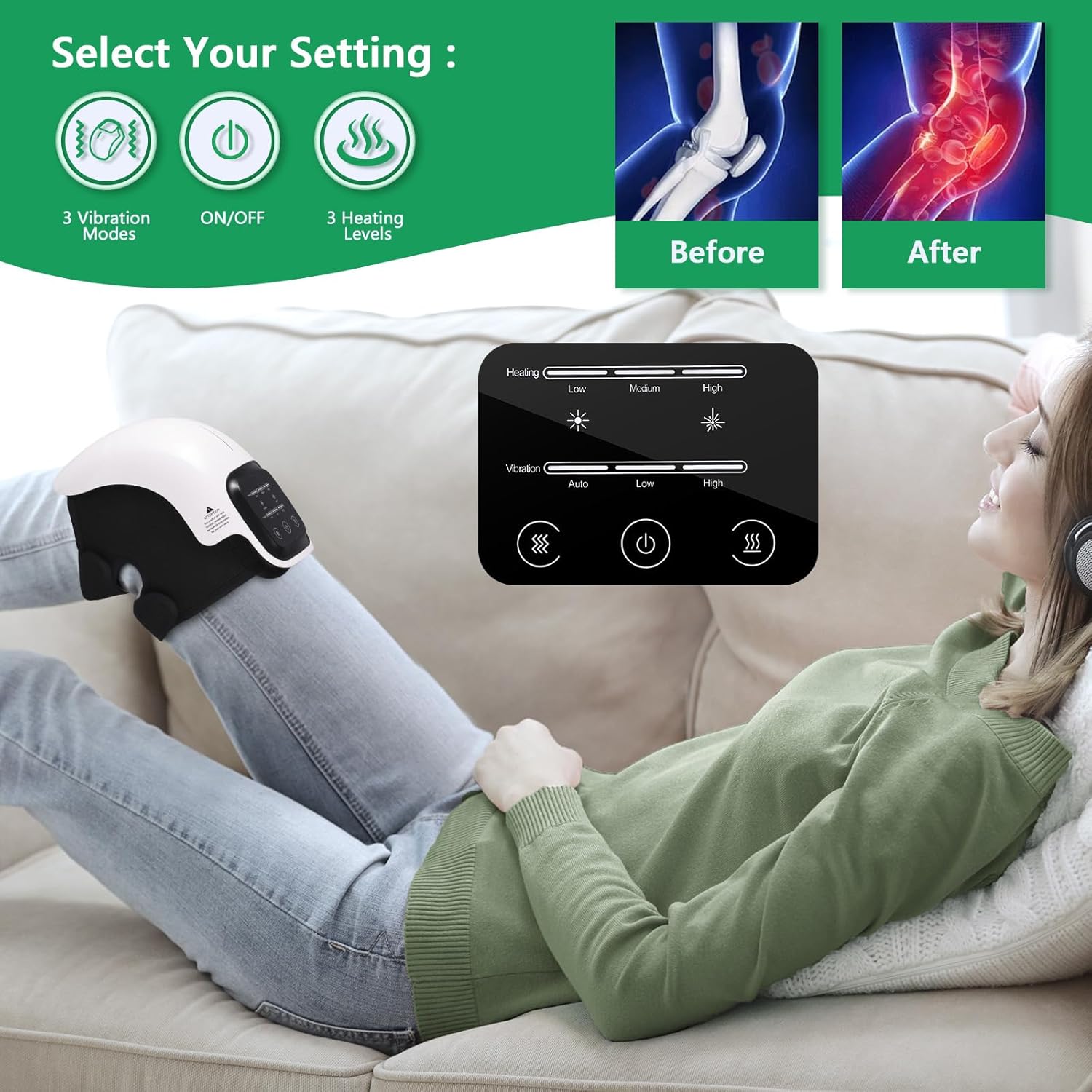 Knee Massager,Cordless Knee Massager with Heat,Relax Knee Massage Helps Joint Stiff and Discomfort,3 Levels Heat & Vibration,10 Min Auto Off,LED Touch,Long Knee Straps 18.9 in
