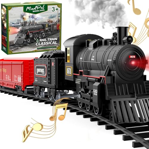 Train Set, Electric Train Toys with Smoke, Lights & Sound, Train Set for Under Christmas Tree with Steam Locomotives, Cars and Tracks, Christmas Train Toys for 3 4 5 6 7+ Years Old Kids