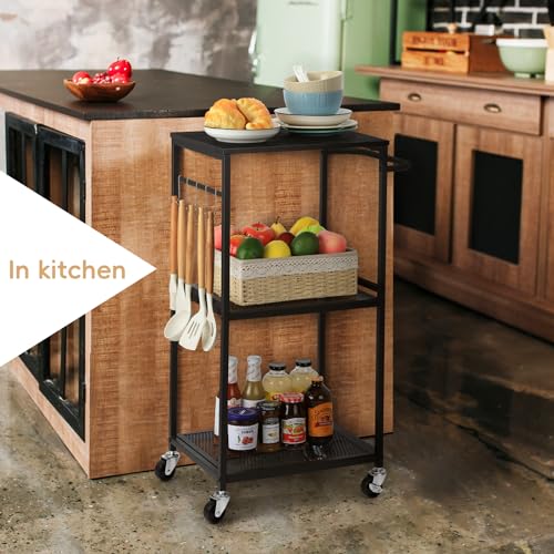 NANANARDOSO Kitchen Cart on Wheels, 3 Tier Mesh Utility Storage Cart, Wood Look Top and Metal Frame Rolling Pantry Cart for Kitchen, Living room, Laundry Storage, Rustic Brown.