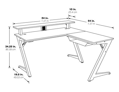OSP Home Furnishings Avatar Battlestation L-Shape Gaming Desk with Bluetooth RGB LED Lights and Carbon Fiber Surface, Red