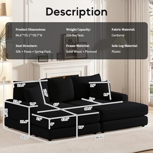 Modern Minimalist Cloud Sofa with Extra Deep Seats,Convertible Sectional Sofa Couch with Removable Back Cushions, 2 pillows and Ottoman for Living Room,Office,Apartment,Small Space,Beige