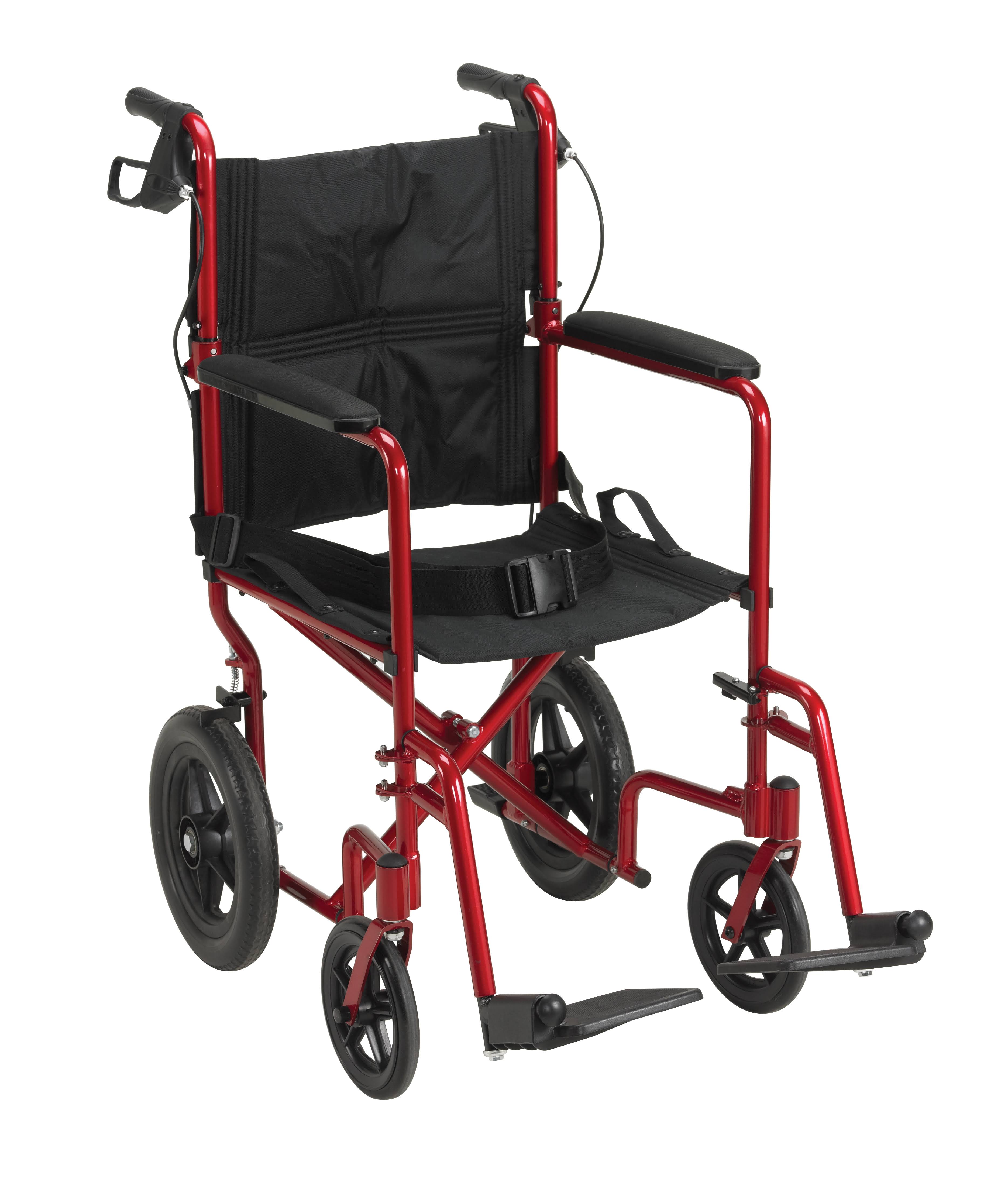 Drive Medical Lightweight Expedition Transport Wheelchair with Hand Brakes, Red/Black