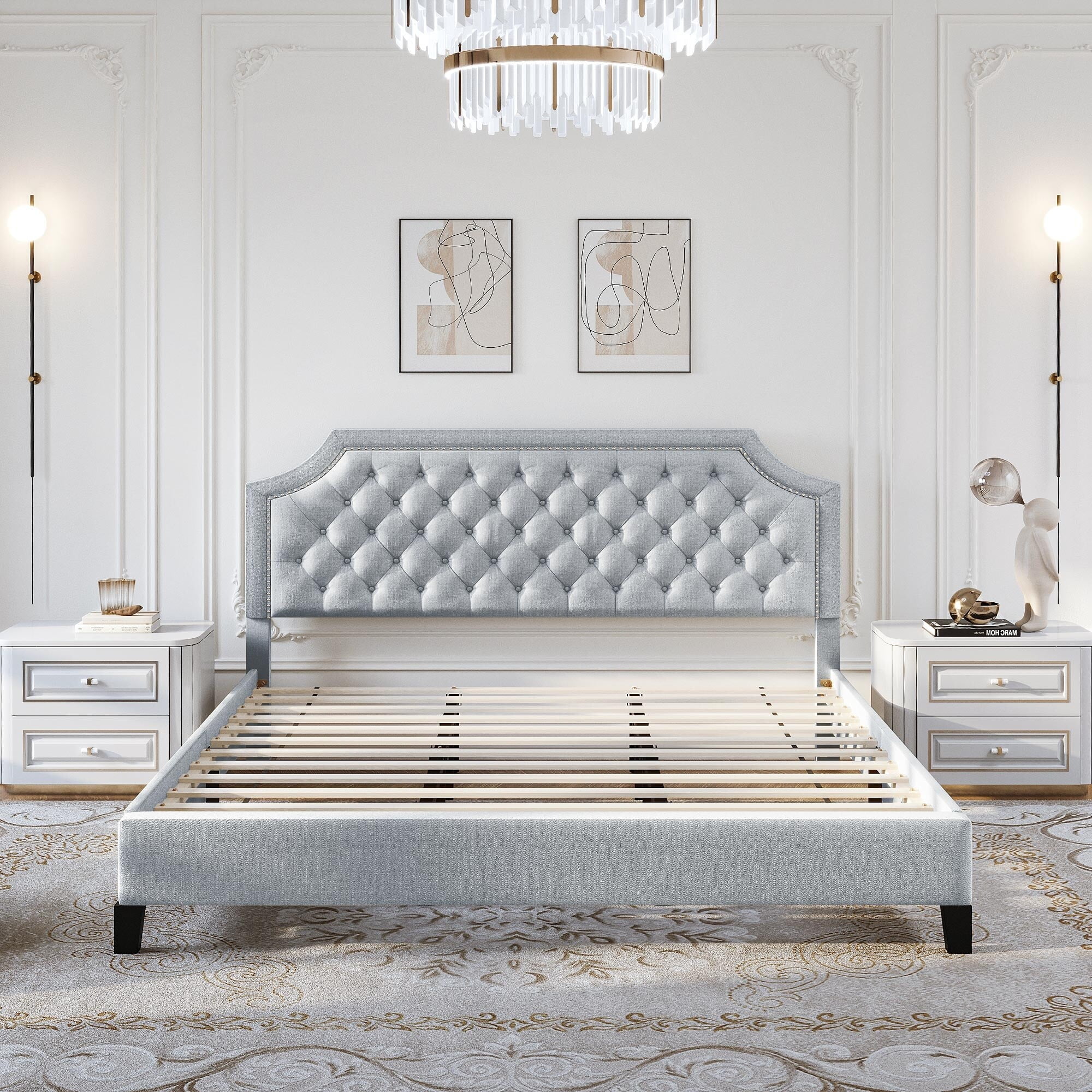 WedealFu Inc Moasis Upholstered Tufted Bed Frame with Adjustable Height Headboard (Full/Queen/King) Grey - Full