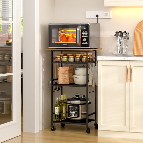 Rolling Kitchen Microwave Cart, 3 Tier Microwave Table Stand with Adjustable Shelf, Kitchen Storage Rack on Wheels, Coffee Station Cart Rack Shelf Organizer for Living Room Office, Balcony