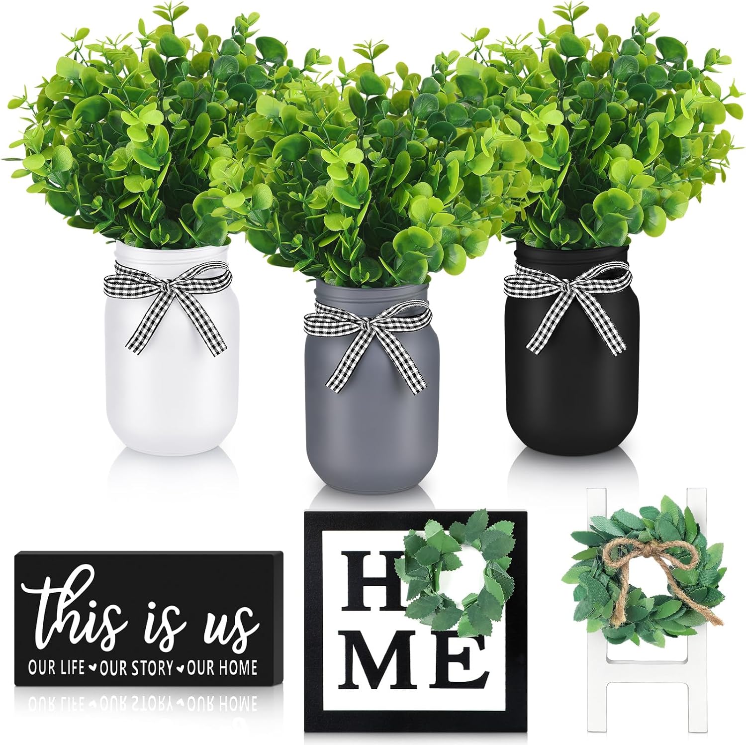 Jexine 12 Pcs Eucalyptus Mason Jar Table Centerpieces Farmhouse Tiered Tray Decor Home Table Decor This is US Wooden Signs Decorative Spring Summer Decor for Table Home Wedding Dining Kitchen Decor