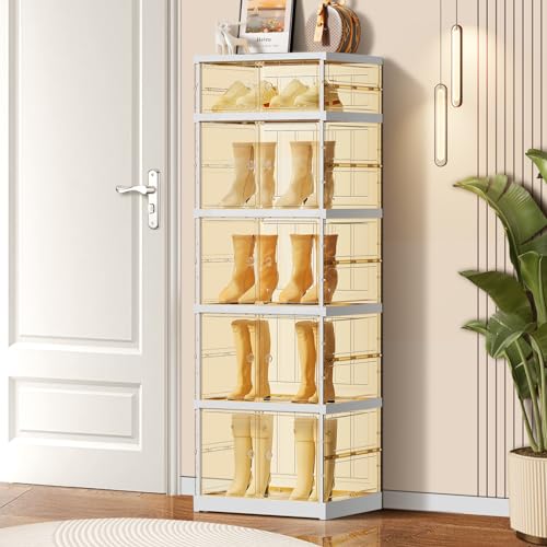 6-Tier Foldable Shoe Rack for Closet Entryway 6-12Pairs,Stackable Clear Shoe Storage Boxes Organizer with Door Plastic Small Shoe Cabinet Bins with Lids Narrow Shoe Shelf Easy Assembly