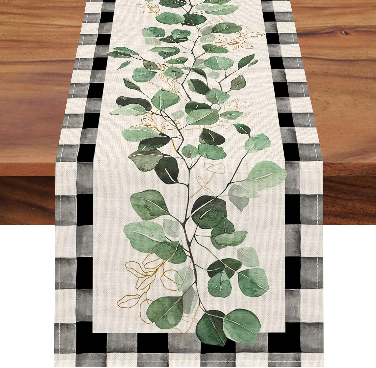 Seliem Spring Eucalyptus Leaves Greenery Table Runner, Black White Buffalo Plaid Check Kitchen Dining Table Decor, Green Plants Botanical Summer Farmhouse Home Decoration Party Supply 13 x 90 Inches