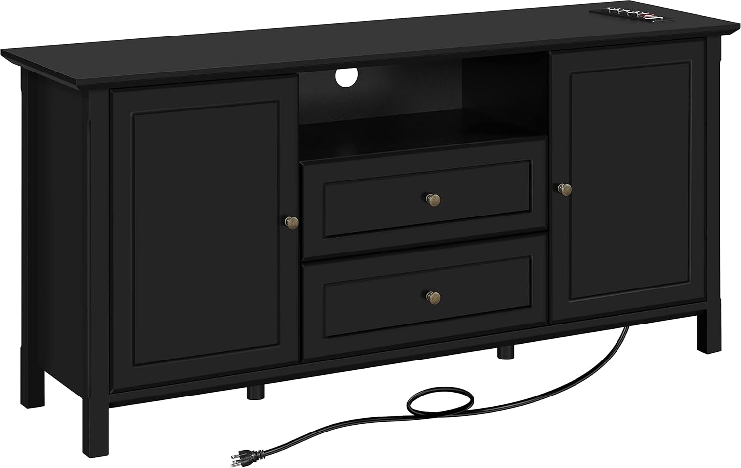 Topeakmart Black Media Entertainment Center with Power Outlet & Storage Cabinets, Elegant TV Stand with Adjustable Shelves for Living Room, 58 in TV Console Table for TVs up to 65 in