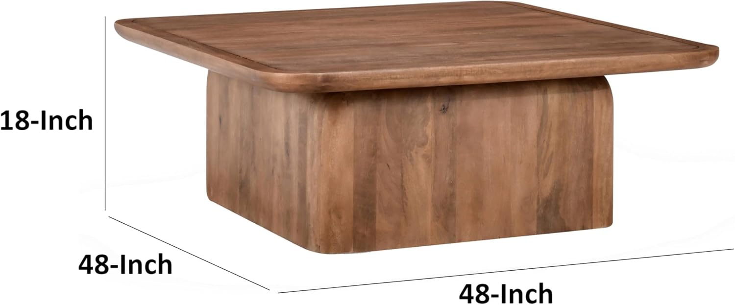 Benjara Loe 48 Inch Coffee Table and Square Top and Solid Mango Wood Platform Plinth Base, Brown
