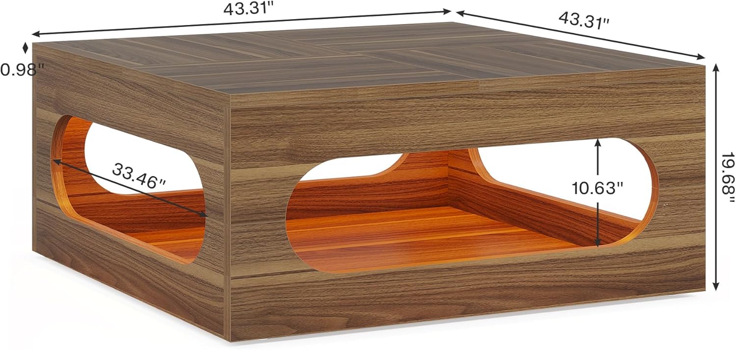 Tribesigns 43-Inch Coffee Table with LED Light, Square Coffee Table with Storage, Wood Cocktail Table, Farmhouse Center Table for Living Room Home Office, Brown