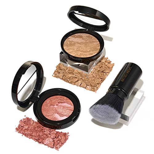 LAURA GELLER NEW YORK Baked Balance-N-Glow Illuminating Powder Foundation, Medium + Retractable Kabuki Brush + Baked Blush-N-Brighten, Pink Grapefruit