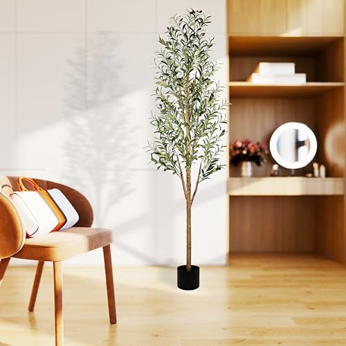 Sunnyglade 6FT Tall Artificial Olive Tree Faux Silk Potted Plants for Home Living Room Office Decor Indoor Fake Olive Tree with Natural Wood Trunk and Realistic Leaves Branches and Fruits