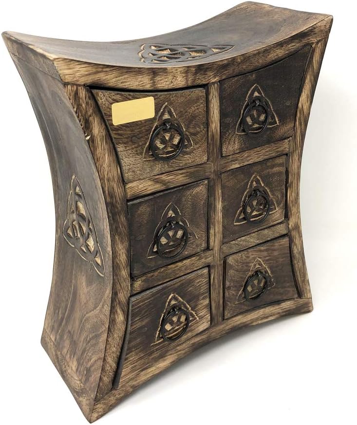 vrinda® Wooden Storage Almirah Curved Triquetra - Premium Quality Wood Handcrafted Herb Cupboard for Wicca, Pagan, and Herbal Practices - Compact 6
