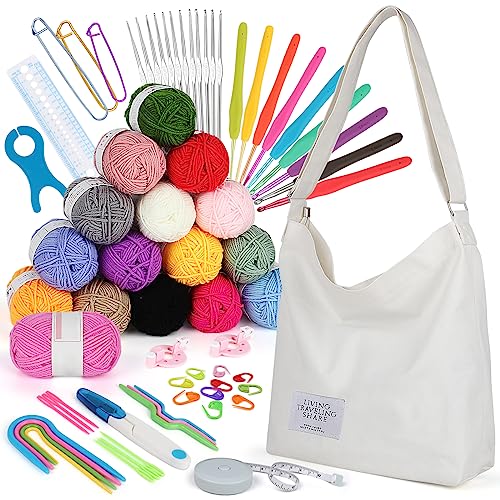 Katech Crochet Kit for Beginners, 70 Pcs Beginners Crochet Kit for Adults Kids Includes 16 Yarns for Crocheting Crochet Hooks Set Canvas Tote Bag Knitting Kit Complete Knitting&Crochet Supplies(White)