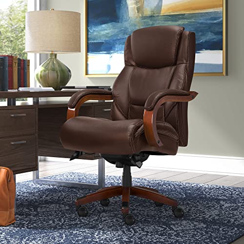 La-Z-Boy Delano Big & Tall Executive Office Chair, High Back Ergonomic Lumbar Support, Bonded Leather, Black with Weathered Gray Wood