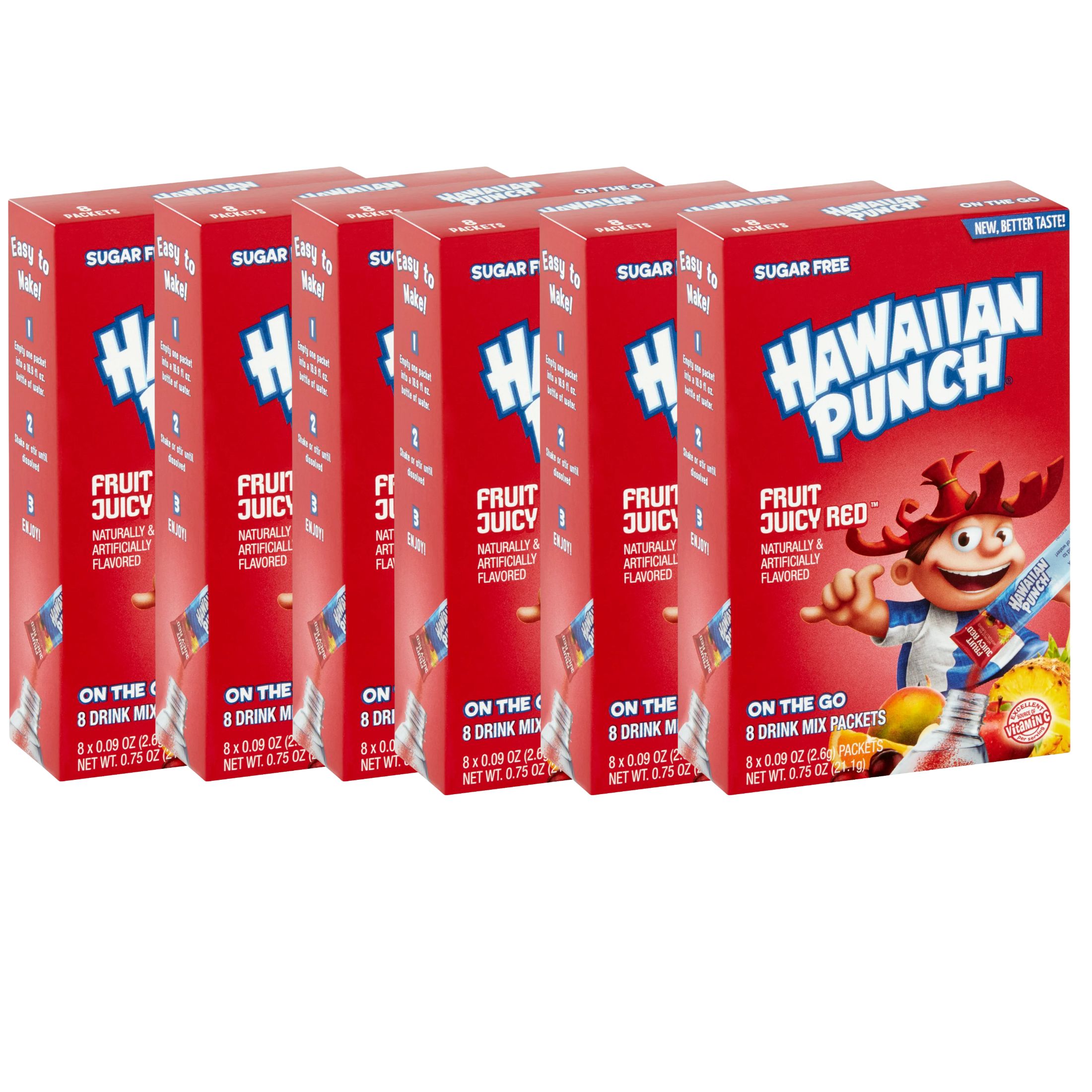 (6) Hawaiian Punch On The Go Powder Packets Fruit Juicy Red Flavors Water Enhancer Sugar-Free Low-Calorie Beverages for Lunch Snacks Picnics Travel 8 Sticks (48 Total Servings) &CUSTOM Storage Carrier