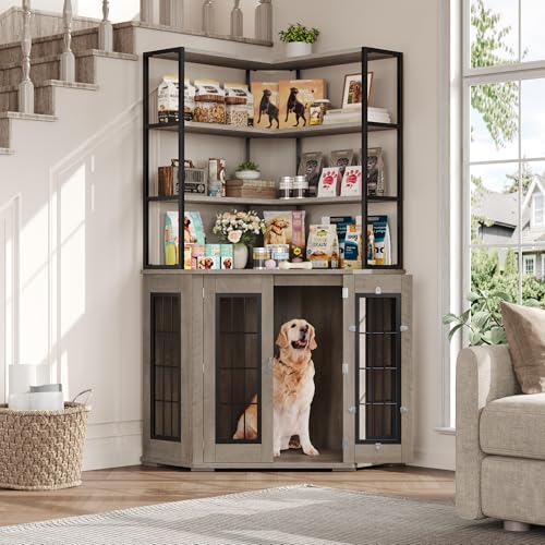 Corner Dog Crate Furniture with Storage, Decorative Large Dog Kennel Indoor Furniture with Double Doors, 2 Safety Locks, 4-Tier Shelves, Large Dog Cage Furniture for Medium and Big Dogs