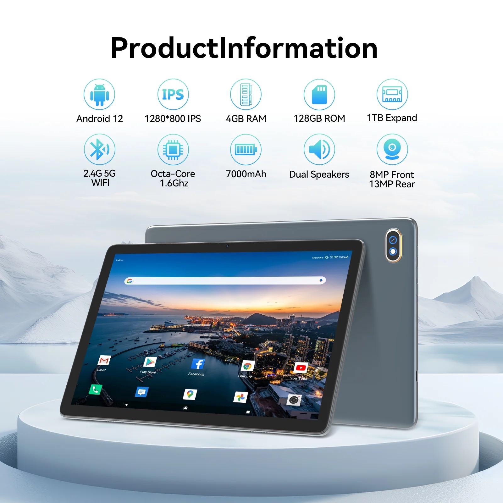 Tablets 10.1 inch Android 12 Tablet 5G Wifi Tablet Octa-Core Arm 4GB Ram 128GB Rom 1TB Expand Wifi Gps Bluetooth