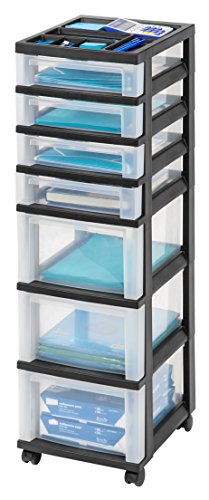 IRIS USA Plastic Drawer Storage Organizer Rolling Cart with Wheels Casters 10-Drawers for Classroom Art Craft Supplies Dresser Closet Bathroom Laundry Room Black/Clear