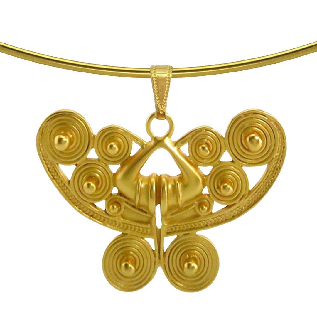 Across The Puddle, Historical Jewelry Collection, 24k Gold Plated Omega Choker Necklace with a Pre-Columbian Spirals Butterfly Pendant