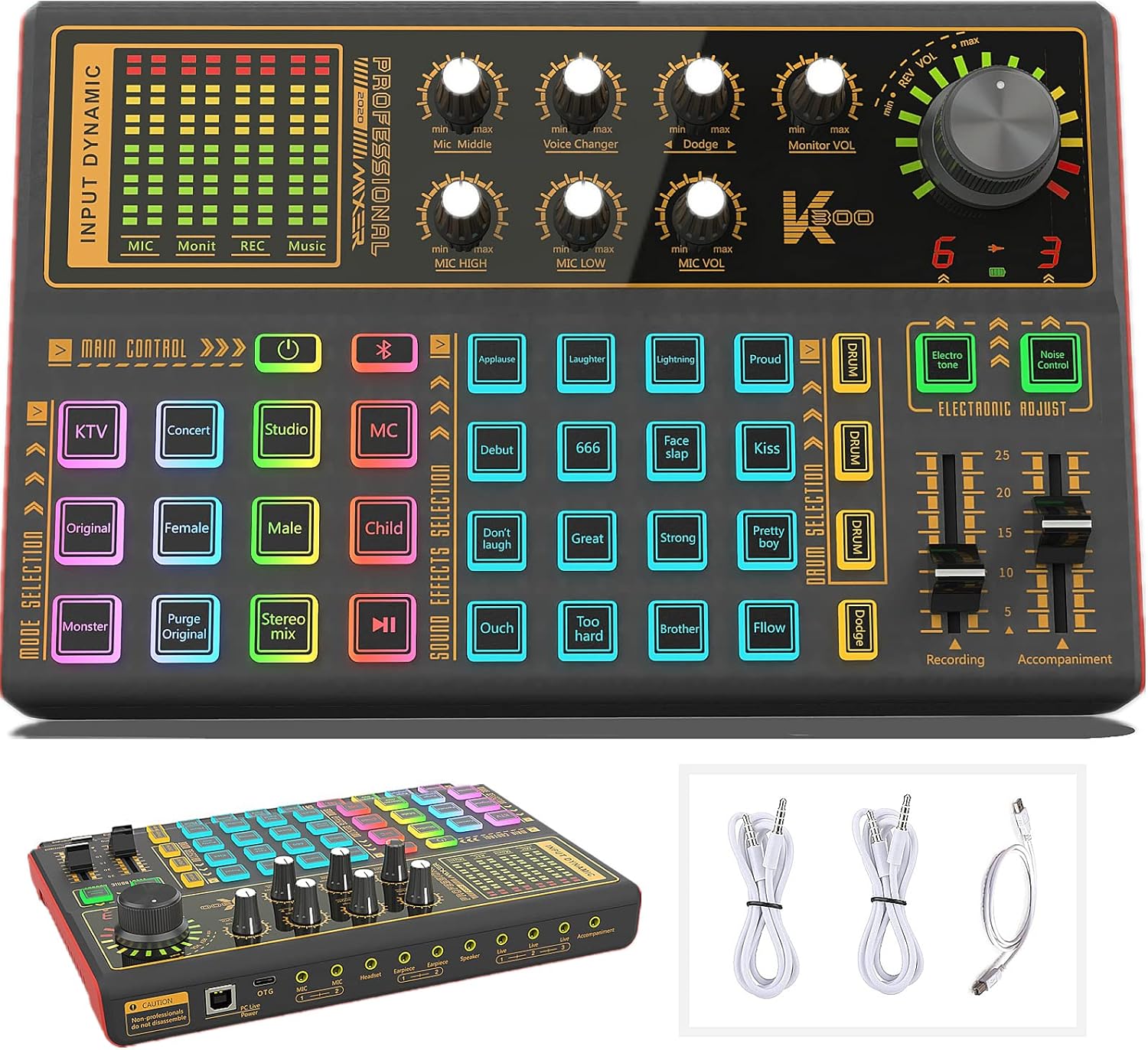 Sound Mixer Board, LED Light Voice Changer Sound Card with Multiple Sound Effects - Live Sound Card for Live Streaming, Audio Mixer for Music Recording Karaoke Singing Broadcast on Cell Phone Computer Pack of 2