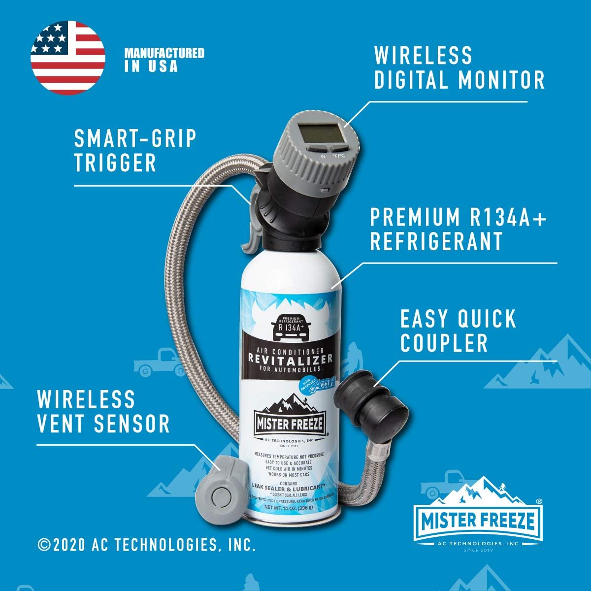 Mr. Freeze Car Air Conditioner Synthetic R134A Refrigerant, AC Recharge Kit with Hose and Wireless Digital Temperature Sensor, 14 Oz Pack of 2