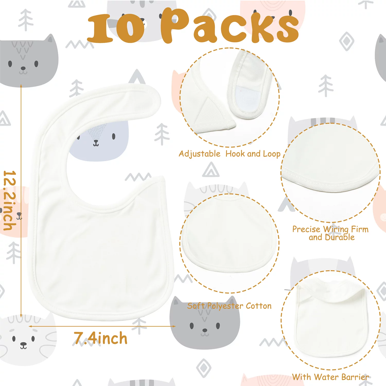 10Pcs Sublimation Baby Bibs White Cotton Waterproof Infant Bib Blank DIY Creative Food Bib for Drooling Feeding Eating Teething