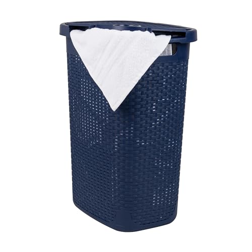 Mind Reader 60L Slim Laundry Hamper, Clothes Basket, Lid, Wicker Style, Plastic, 17.65