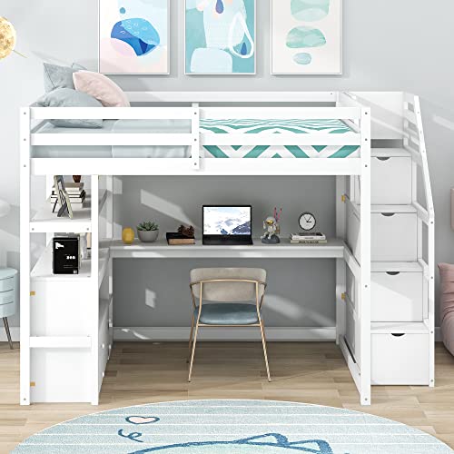 Harper & Bright Designs Twin Loft Bed with Stairs and Desk, Solid Wood Loft Bed Frame with Storage Drawers and Bookshelf for Kids Teens Adults - White