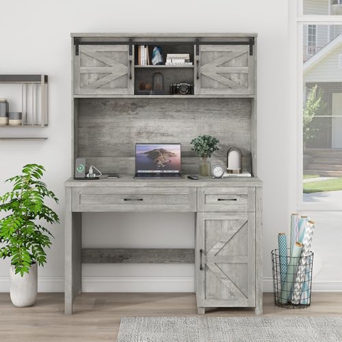 Farmhouse 47'' Executive Desk, I-Shape Desk with 3 Drawers, 2 Cabinets, Gray Oak, for Home Office
