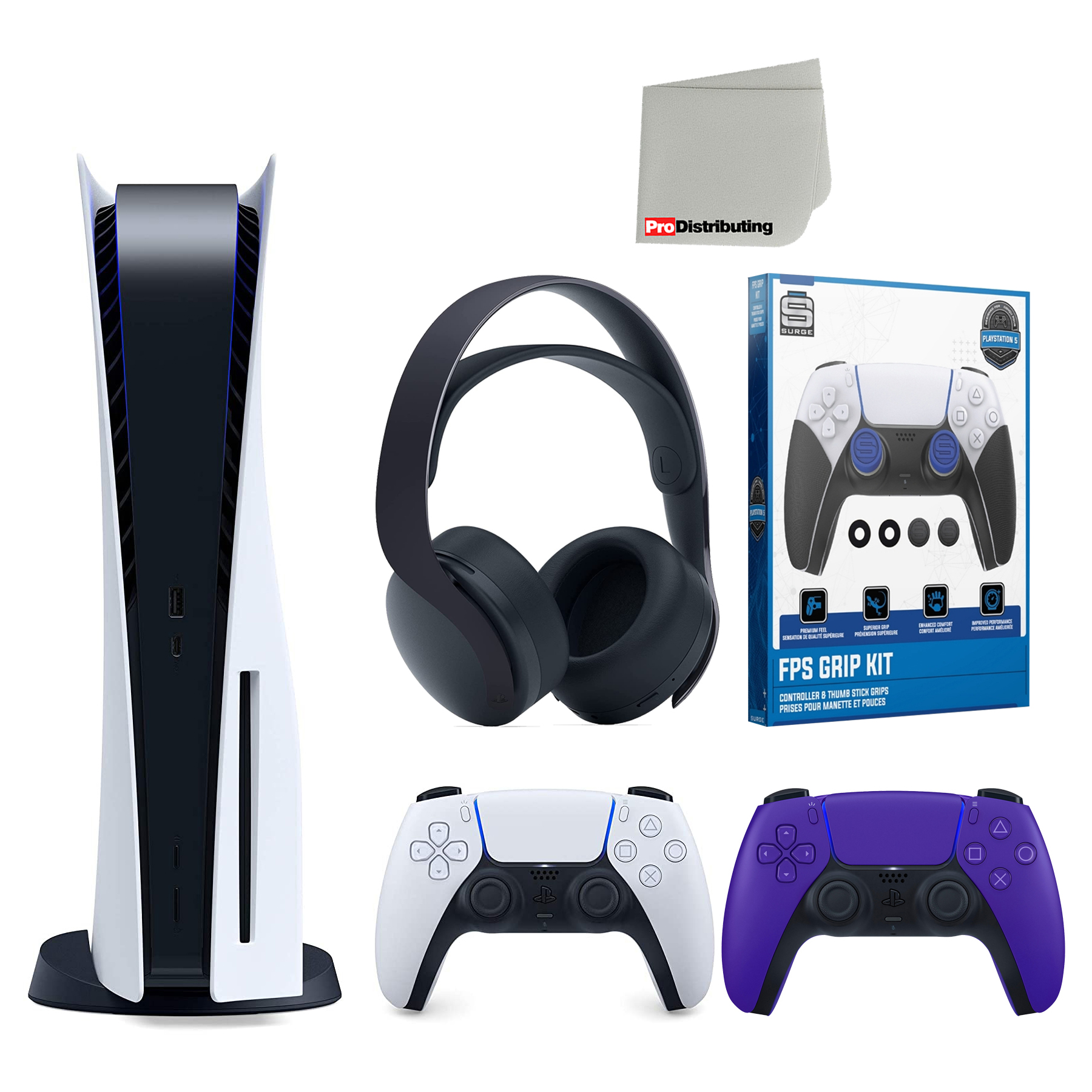Sony Playstation 5 Disc Version (Sony PS5 Disc) with Extra Galactic Purple Controller, Black Pulse 3D Headset and Control Grip Pack Bundle with Microfiber Cleaning Cloth