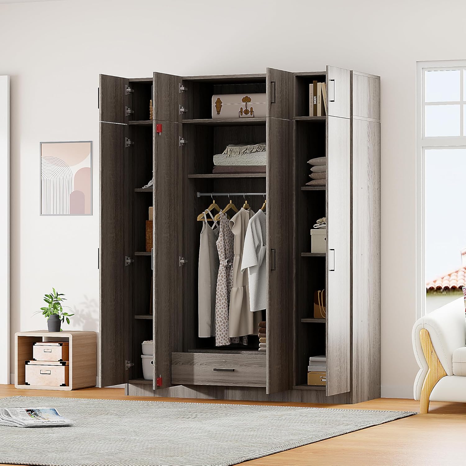 4-Door Armoire Wardrobe with Drawer and Top Cabinet, Storage Organizer w/Shelves & Clothing Rods, 80.8