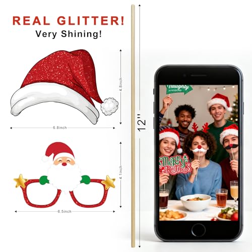 Glitter Christmas Photo Booth Props Set,30pcs Christmas Party Decorations,Fun Xmas Selfie Props Signs,Photo Backdrop Table Decorations Accessories for Holiday Birthday Party Favors Supplies