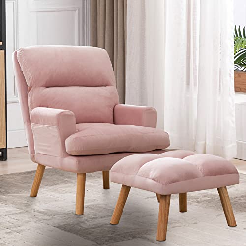 INZOY Accent Chairs with Ottoman, Velvet Fabric Armchair with Ottoman for Bedroom Living Room, Mid Century Modern Chair with Adjustable Backrest and Side Pockets, Beige