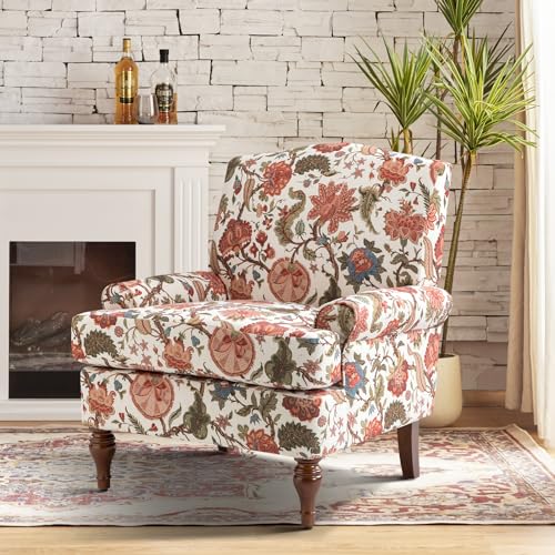 HULALA HOME Modern Upholstered Accent Chair With Retro Wood Legs,Comfy Spring Floral Club Chair with Removable Cushion Patterned Armchair for Living Room Bedroom Reading Room Leisure Single Sofa Chair