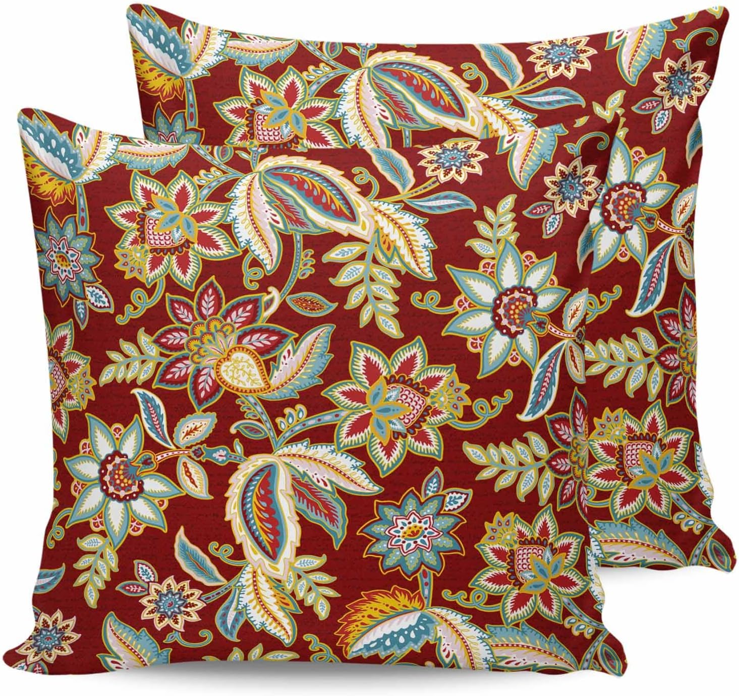 Outdoor Waterproof Throw Pillow Covers 24x24in, Paisley Pattern Cushions for Garden Patio Furniture Chairs Set of 2, Vintage Floral Red Yellow Home Decor Couch Sofa Polyester Pillow cases