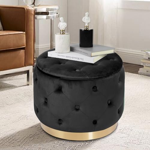 Button Tufted Velvet Round Storage Ottoman, Modern Upholstered Foot Rest Stool with Gold Plating Base, Accent Coffee Table seat for Living Room, Bedroom (Beige)