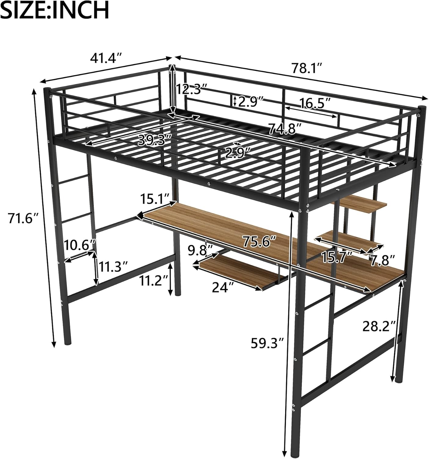 MERITLINE Metal High Loft Bed, Twin Study Loft Bed with Desk and Storage Shelf, Safety Rail and Ladder, Loft Bed for Children (Black with Keyboard Tray)