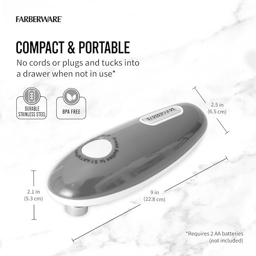 Farberware Compact Battery Operated Hands-Free Automatic Can Opener for any Size Can with Magnet to Safely Remove Lid, Seamless Opening Decreases Sharp Edges for Easily and Safely Opening Cans, Aqua
