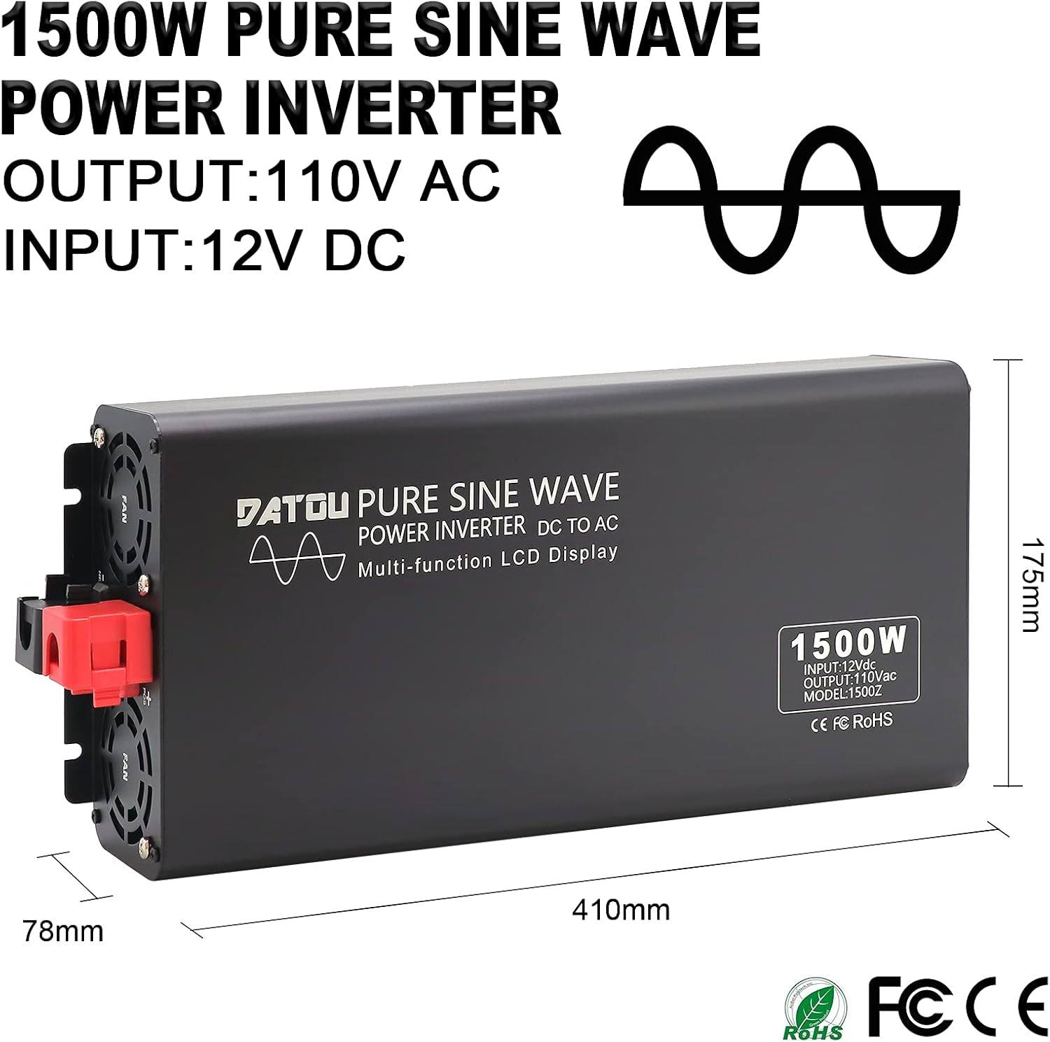 Pure Sine Wave Power Inverter 1500W Peak 3000W Inverter DC 12V to AC 110V 120V with 2 AC Outlets LCD Display for Home Solar System RV Professional-Grade Voltage Converter Sine Wave Inverter