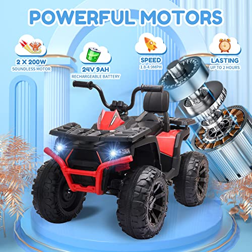 24V 2 Seater Ride on Toys, Kids Quad ATV w/400W Motors, Battery Powered Electric Vehicle w/Spacious Seater, LED Light Bluetooth, MP3, Spring Suspension, 4 Wheeler for Boy Girl, Orange
