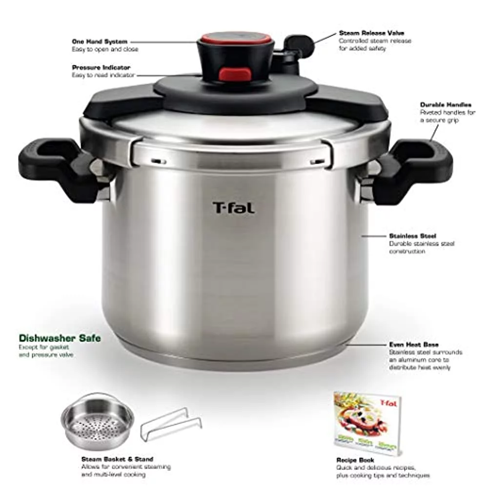 T-fal P45007 Clipso Stainless Steel Dishwasher Safe PTFE PFOA and Cadmium Free 12-PSI Pressure Cooker Cookware, 6.3-Quart, Silver
