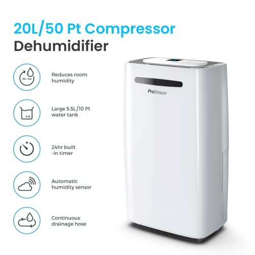 Pro Breeze Electric Mini Dehumidifier, 2200 Cubic Feet (250 sq ft), Compact and Portable for High Humidity in Home, Kitchen, Bedroom, Basement, Caravan, Office, Garage