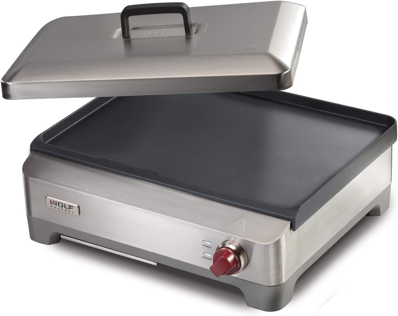 Wolf Gourmet Precision Electric Griddle, Indoor Grill, 200 sq. in, Nonstick Coating, Advanced Temperature Control, Stainless Steel, Red Knob (WGGR100S)