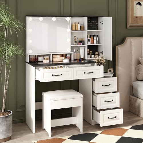 Fameill Vanity Desk with Mirror and Lights,Vintage Glass Top,Makeup Vanity Table Set with Stool,Jewelry Cabinet,Charging Station and 3 Lighting Modes,5 Drawers,Storage Shelves Dressing Table,White