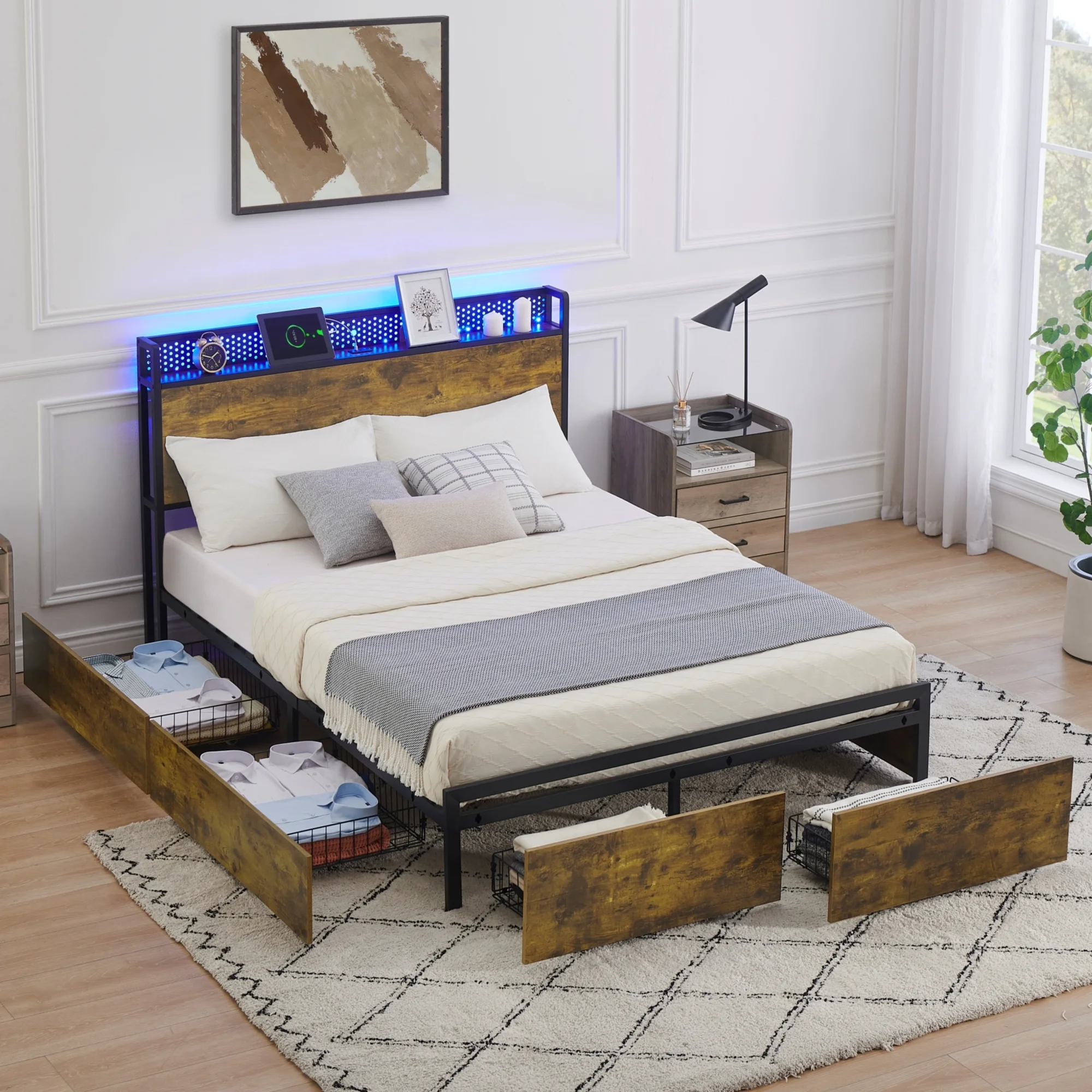 IDEALHOUSE Queen Bed Frame with Storage Headboard and 6 Drawers,LED Bed Frame with Outlets and USB Ports, Queen Size Platform Bed Frame with Headboard, Strong Wood Slats Support, Retro