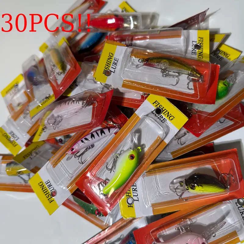 Fishing Tackle Bass Fishing Lures Kit - 30pcs Mixed Color PP Fishing Lures Crankbaits Hooks Minnow Baits - Lot of Fishing Gear and Equipment