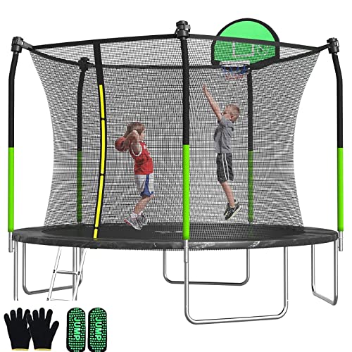 SKOK Trampoline 8FT 10FT 12FT 14FT 15FT Trampolines with Enclosure Net, 400LBS Outdoor Trampolines for Kids with Basketball Hoop-ASTM Approved Trampoline for Children and Adults with Ladder