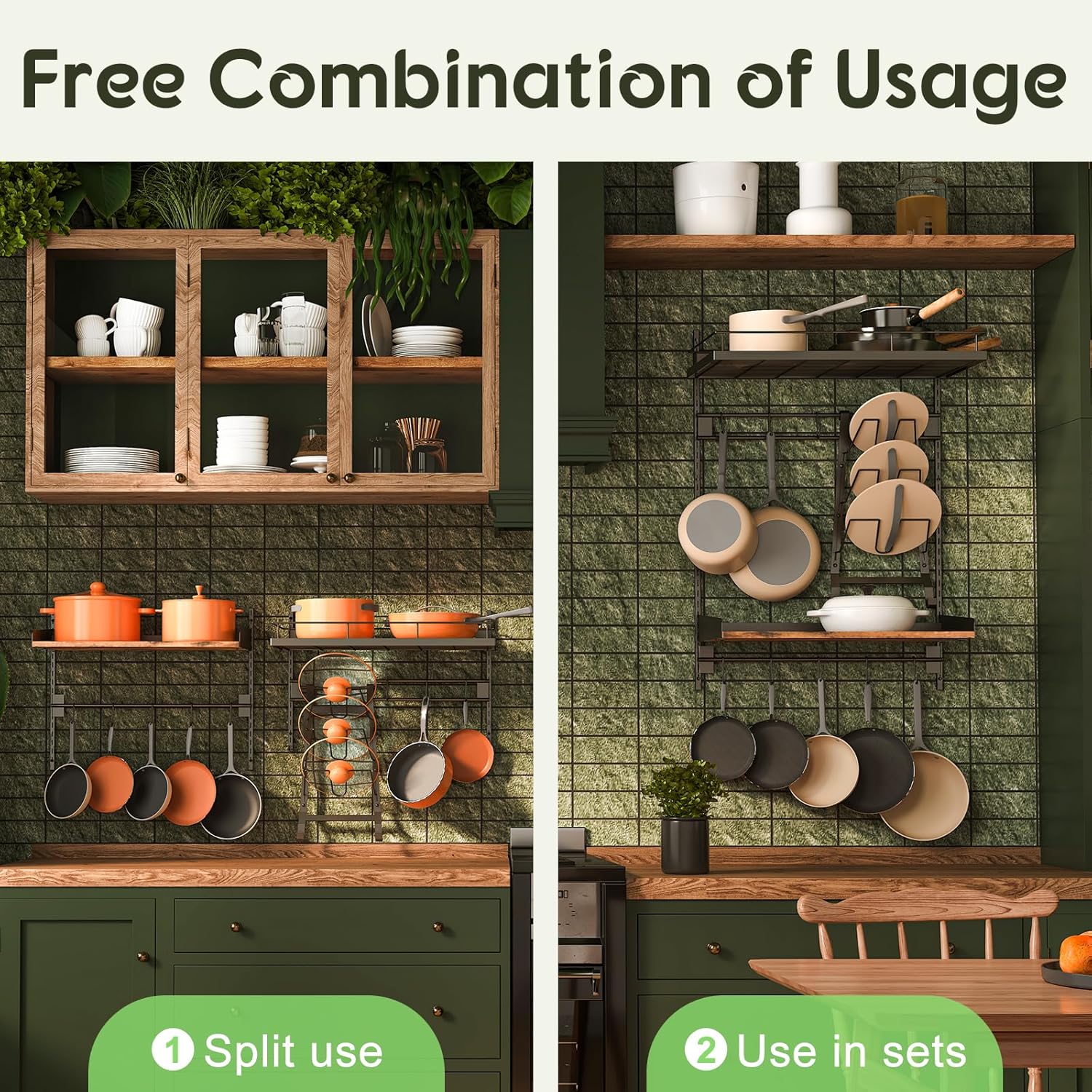 2 Packs Hanging Pot Rack,Wall Mounted Pot and Pan Organizer,2 Tier Pots Holder for Kitchen Storage,Pans Hanger Shelf with Pan Lid Organizer,8 Hooks,for Cookware,Pans,Utensils Organization